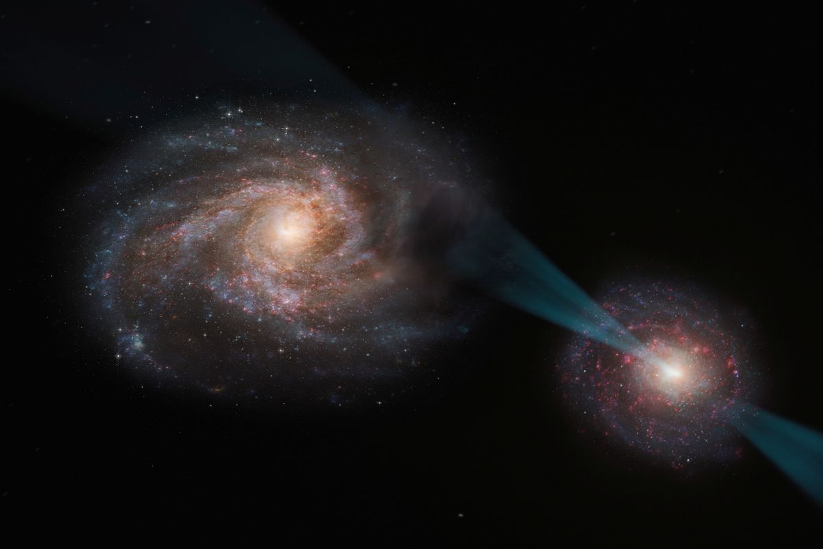 Two galaxies seen in a 'joust' preceding a cosmic mega-merger