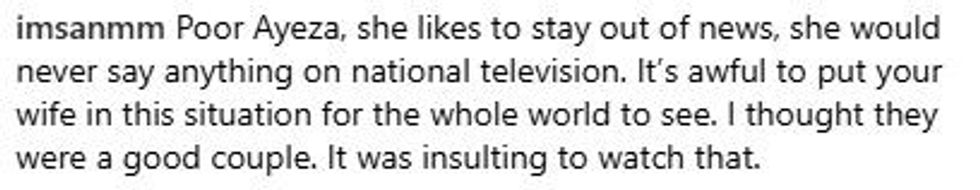 Comment criticizing a situation involving Ayeza and national television.