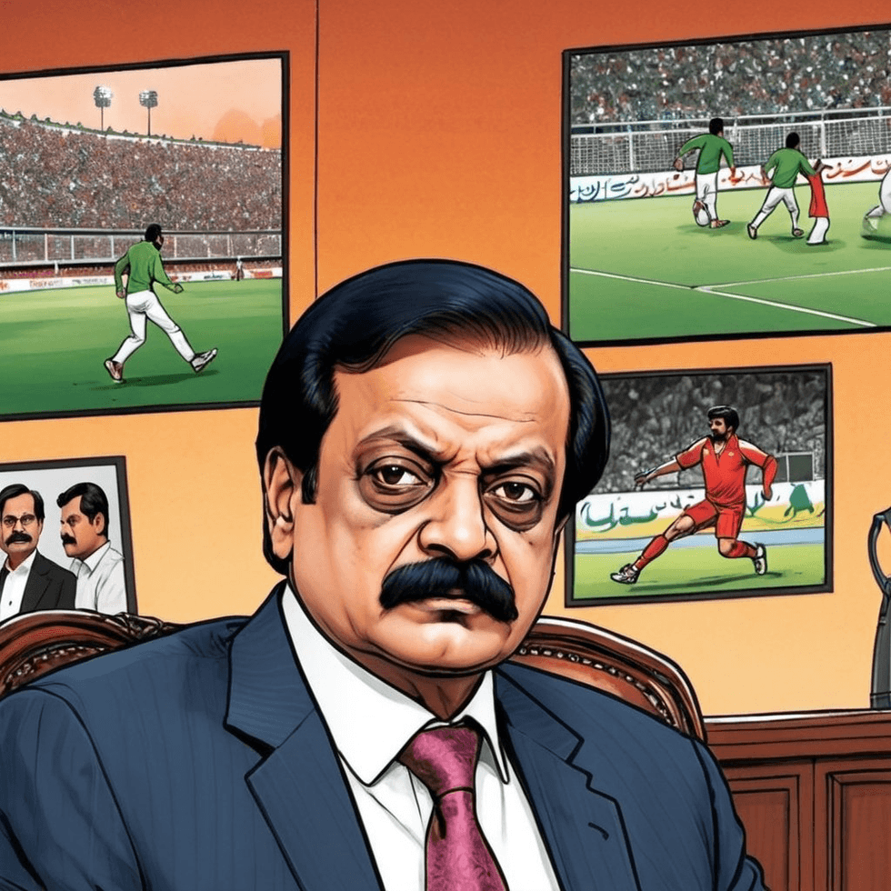 Illustrated image of Rana Sanaullah, with sports photos on wall