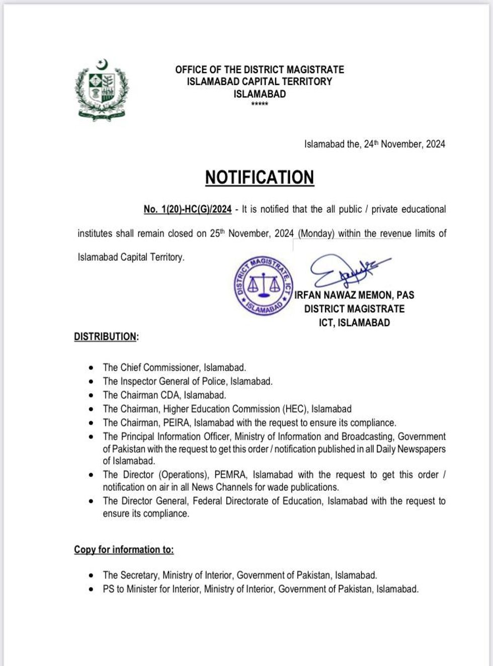 Notification - Islamabad schools closed on 25th Nov 2024 per District Magistrate notification.