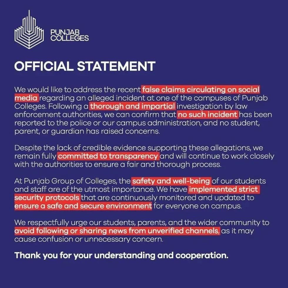 Official statement from Punjab Colleges addressing false social media claims.