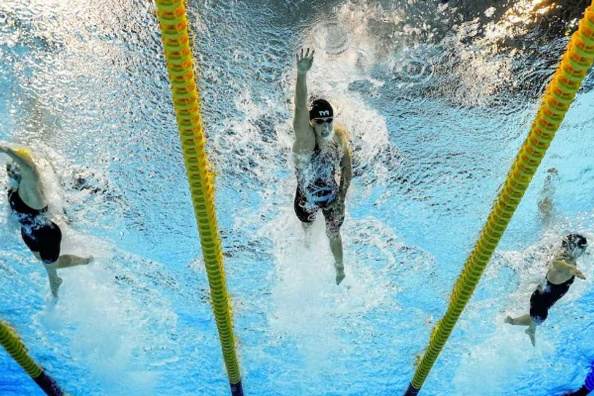 Underwater view of swimmers in a race, reaching forward, with lane ropes visible.